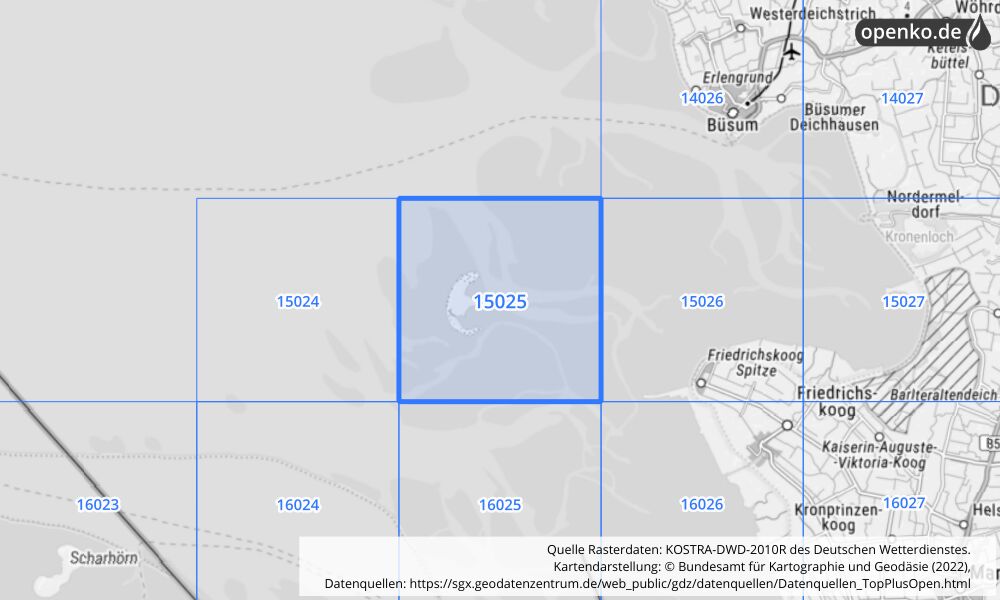 Übersichtskarte KOSTRA-DWD-2010R Rasterfeld Nr. 15025 mit angrenzenden Feldern