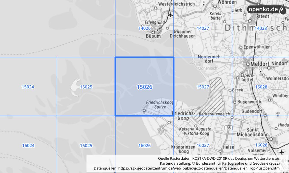 Übersichtskarte KOSTRA-DWD-2010R Rasterfeld Nr. 15026 mit angrenzenden Feldern