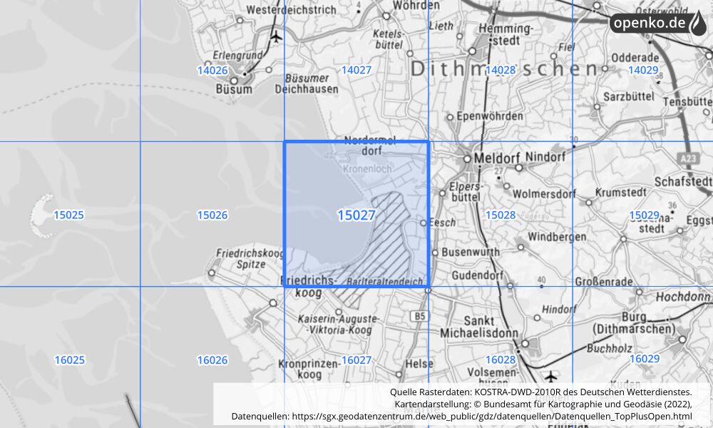 Übersichtskarte KOSTRA-DWD-2010R Rasterfeld Nr. 15027 mit angrenzenden Feldern