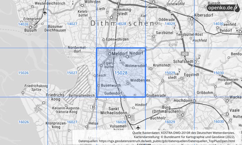 Übersichtskarte KOSTRA-DWD-2010R Rasterfeld Nr. 15028 mit angrenzenden Feldern