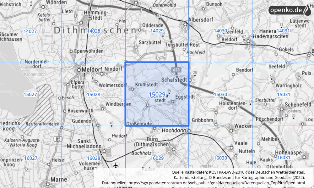 Übersichtskarte KOSTRA-DWD-2010R Rasterfeld Nr. 15029 mit angrenzenden Feldern