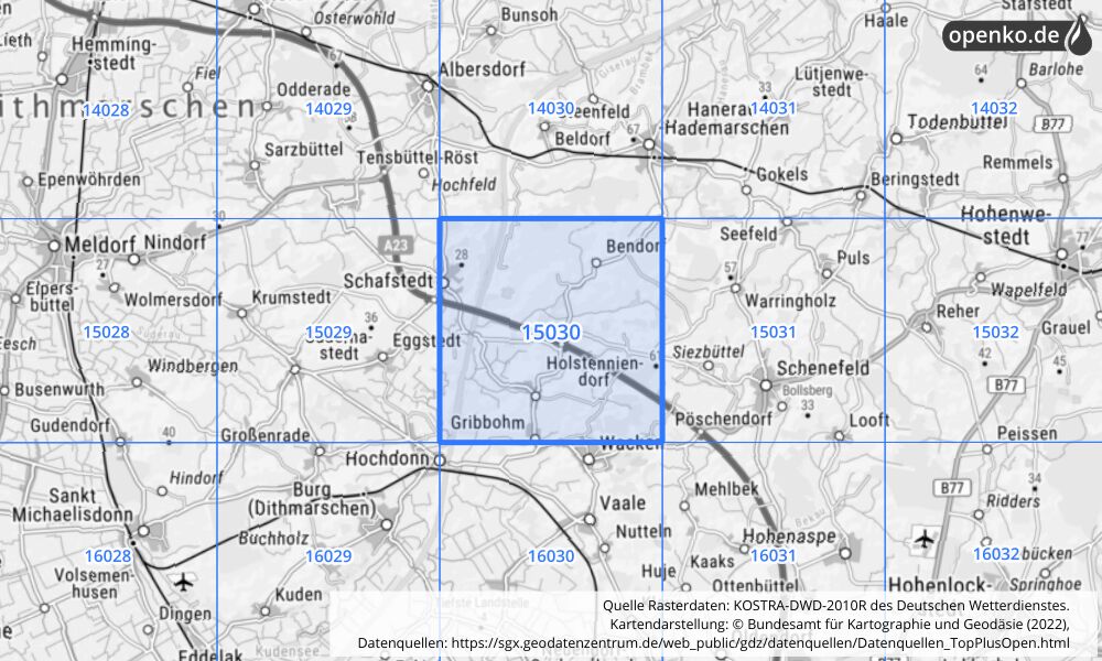 Übersichtskarte KOSTRA-DWD-2010R Rasterfeld Nr. 15030 mit angrenzenden Feldern