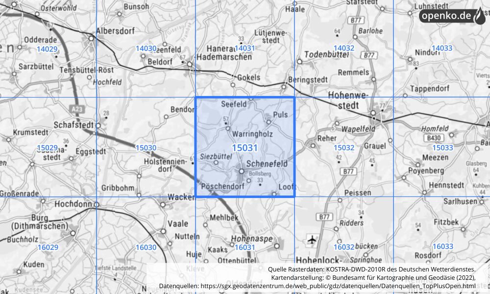 Übersichtskarte KOSTRA-DWD-2010R Rasterfeld Nr. 15031 mit angrenzenden Feldern