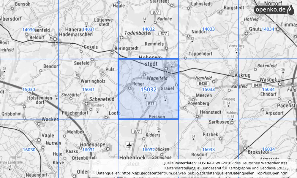 Übersichtskarte KOSTRA-DWD-2010R Rasterfeld Nr. 15032 mit angrenzenden Feldern