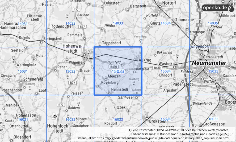 Übersichtskarte KOSTRA-DWD-2010R Rasterfeld Nr. 15033 mit angrenzenden Feldern