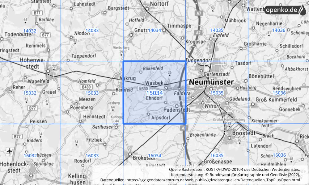 Übersichtskarte KOSTRA-DWD-2010R Rasterfeld Nr. 15034 mit angrenzenden Feldern