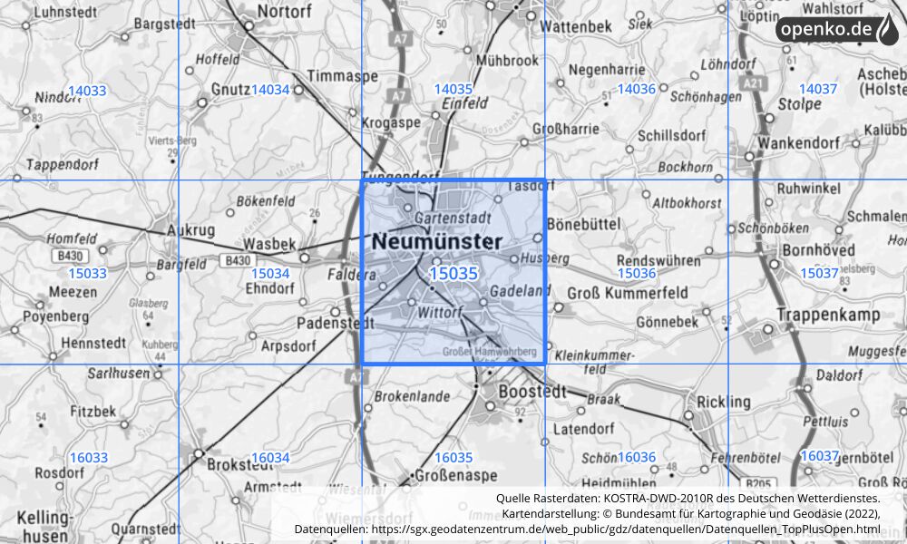 Übersichtskarte KOSTRA-DWD-2010R Rasterfeld Nr. 15035 mit angrenzenden Feldern