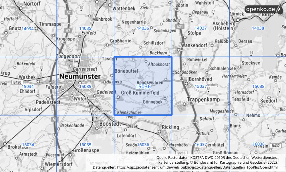 Übersichtskarte KOSTRA-DWD-2010R Rasterfeld Nr. 15036 mit angrenzenden Feldern