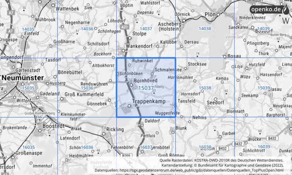 Übersichtskarte KOSTRA-DWD-2010R Rasterfeld Nr. 15037 mit angrenzenden Feldern