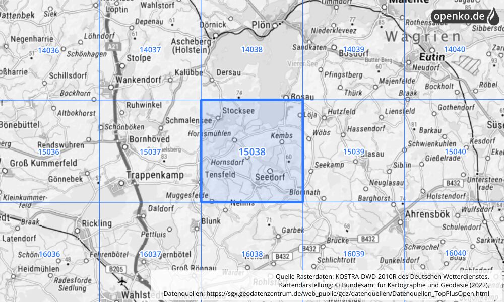 Übersichtskarte KOSTRA-DWD-2010R Rasterfeld Nr. 15038 mit angrenzenden Feldern