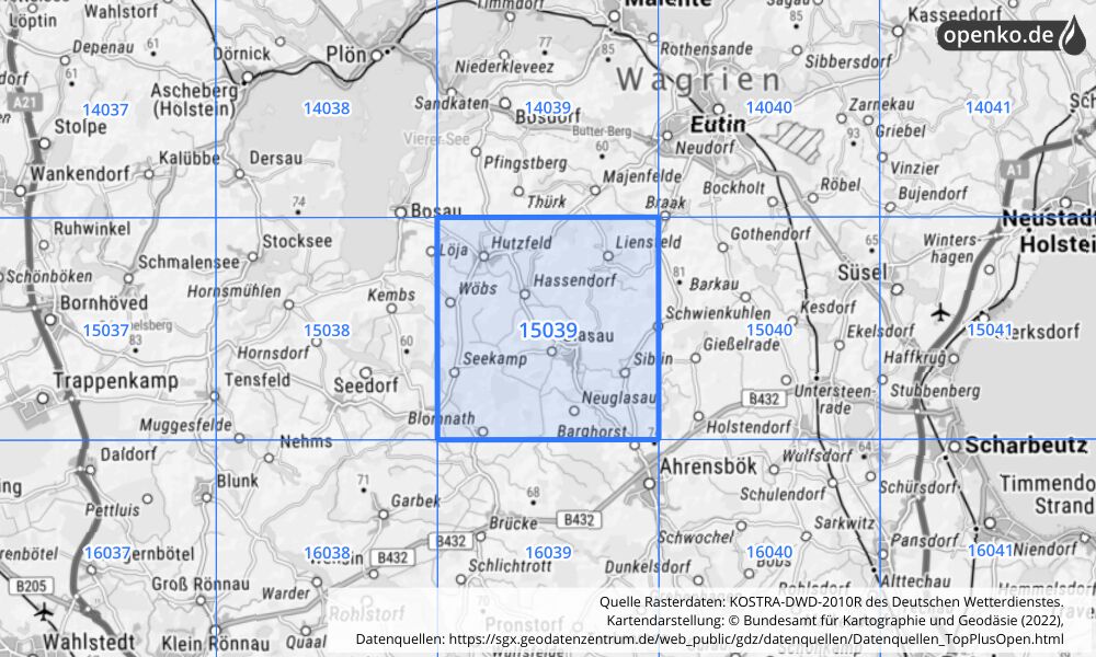 Übersichtskarte KOSTRA-DWD-2010R Rasterfeld Nr. 15039 mit angrenzenden Feldern