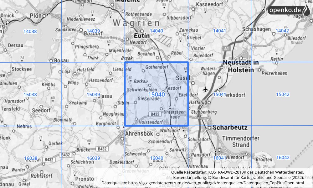 Übersichtskarte KOSTRA-DWD-2010R Rasterfeld Nr. 15040 mit angrenzenden Feldern
