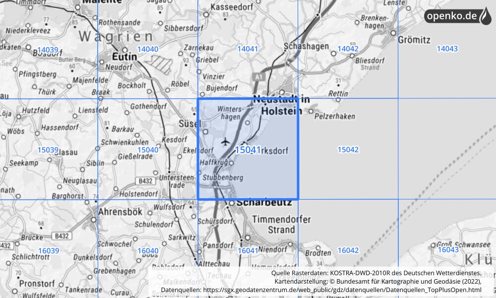 Übersichtskarte KOSTRA-DWD-2010R Rasterfeld Nr. 15041 mit angrenzenden Feldern