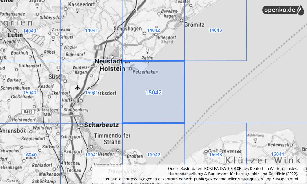 Übersichtskarte KOSTRA-DWD-2010R Rasterfeld Nr. 15042 mit angrenzenden Feldern