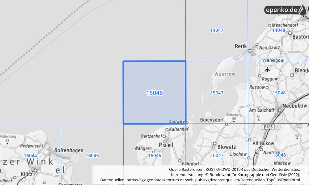 Übersichtskarte KOSTRA-DWD-2010R Rasterfeld Nr. 15046 mit angrenzenden Feldern