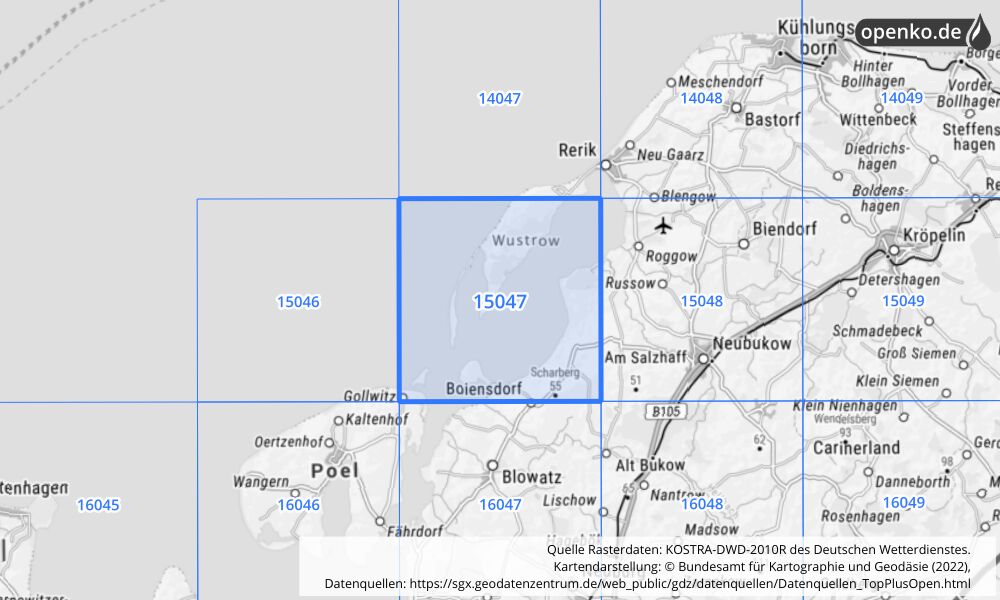 Übersichtskarte KOSTRA-DWD-2010R Rasterfeld Nr. 15047 mit angrenzenden Feldern