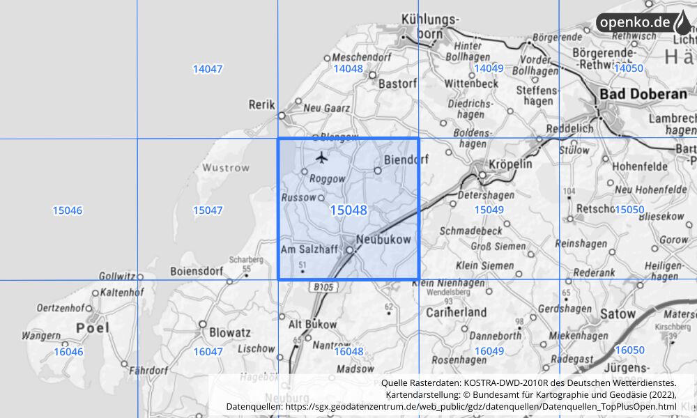 Übersichtskarte KOSTRA-DWD-2010R Rasterfeld Nr. 15048 mit angrenzenden Feldern