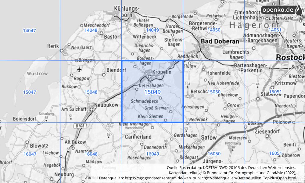 Übersichtskarte KOSTRA-DWD-2010R Rasterfeld Nr. 15049 mit angrenzenden Feldern