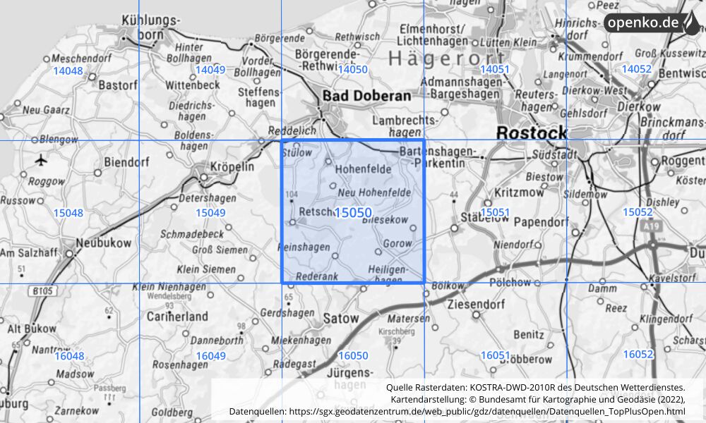Übersichtskarte KOSTRA-DWD-2010R Rasterfeld Nr. 15050 mit angrenzenden Feldern
