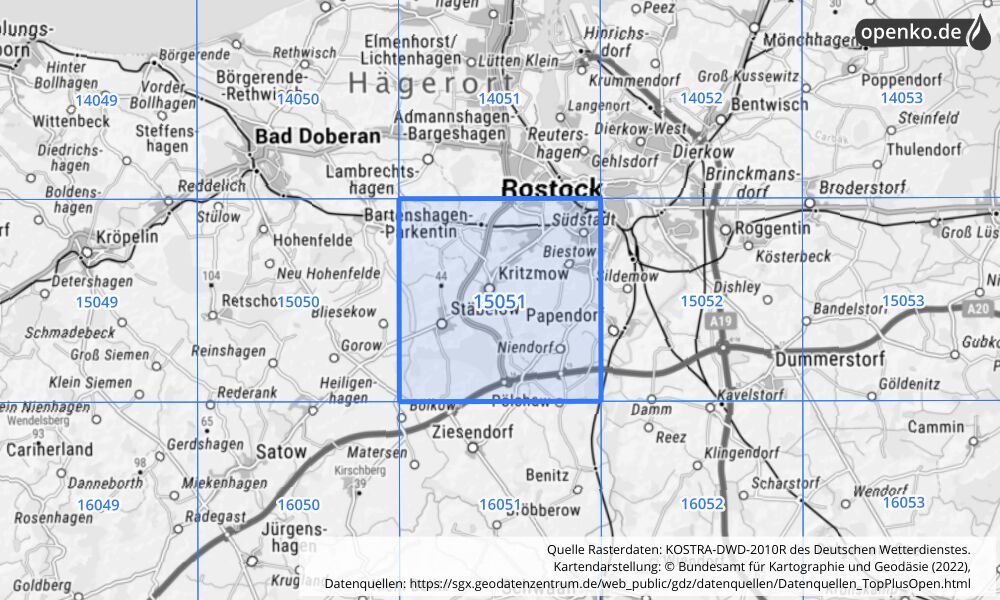 Übersichtskarte KOSTRA-DWD-2010R Rasterfeld Nr. 15051 mit angrenzenden Feldern