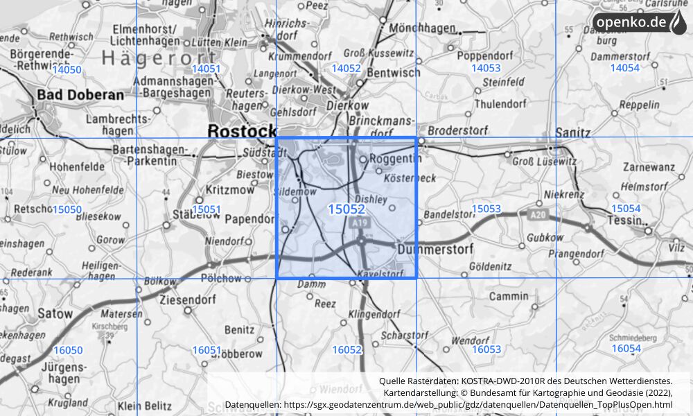 Übersichtskarte KOSTRA-DWD-2010R Rasterfeld Nr. 15052 mit angrenzenden Feldern