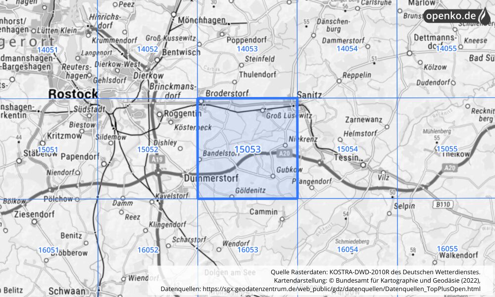 Übersichtskarte KOSTRA-DWD-2010R Rasterfeld Nr. 15053 mit angrenzenden Feldern