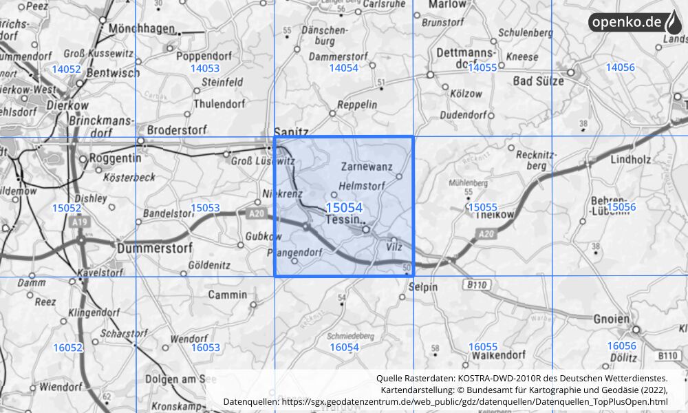 Übersichtskarte KOSTRA-DWD-2010R Rasterfeld Nr. 15054 mit angrenzenden Feldern