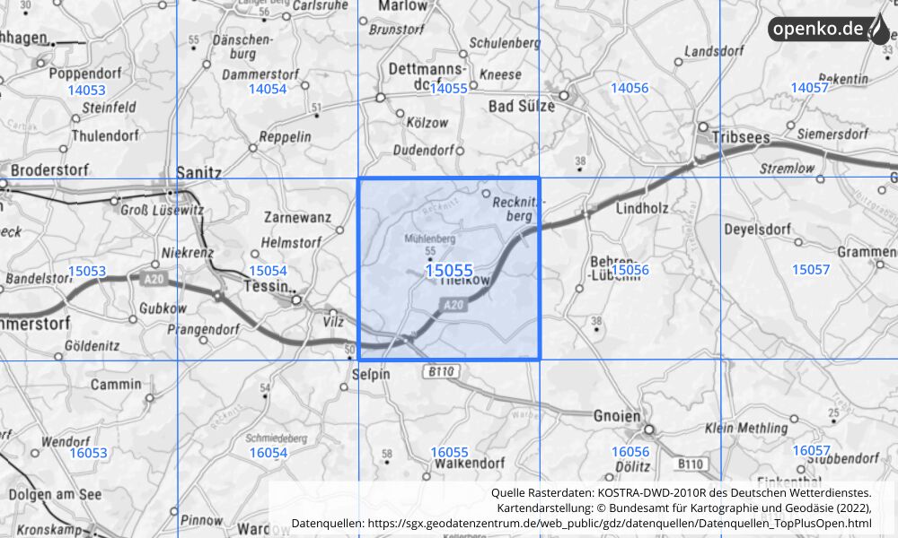 Übersichtskarte KOSTRA-DWD-2010R Rasterfeld Nr. 15055 mit angrenzenden Feldern