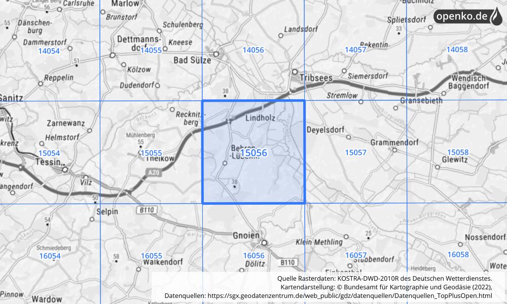 Übersichtskarte KOSTRA-DWD-2010R Rasterfeld Nr. 15056 mit angrenzenden Feldern