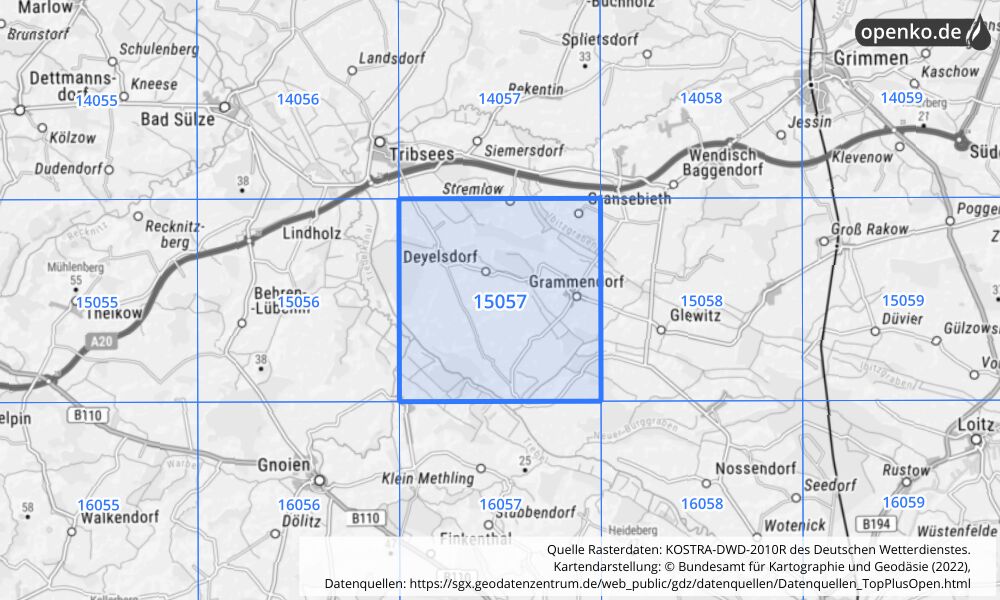 Übersichtskarte KOSTRA-DWD-2010R Rasterfeld Nr. 15057 mit angrenzenden Feldern