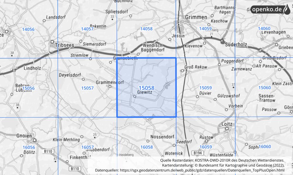 Übersichtskarte KOSTRA-DWD-2010R Rasterfeld Nr. 15058 mit angrenzenden Feldern