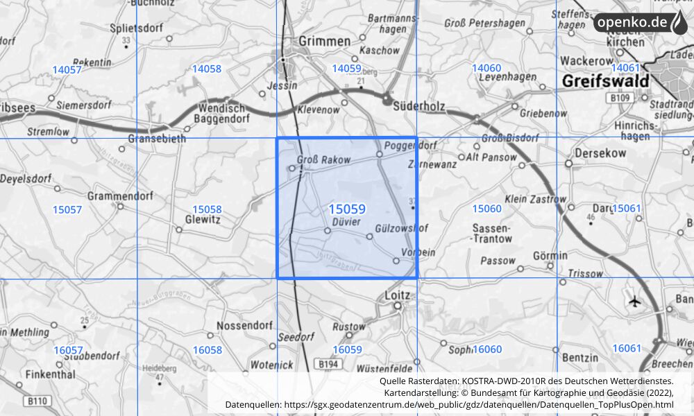 Übersichtskarte KOSTRA-DWD-2010R Rasterfeld Nr. 15059 mit angrenzenden Feldern