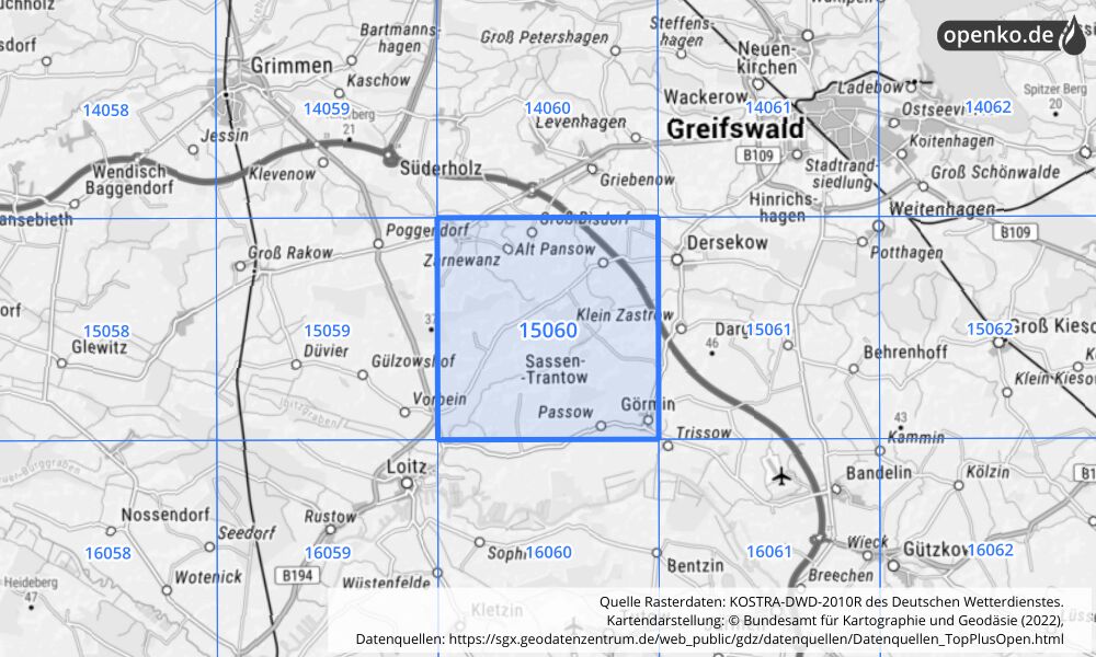 Übersichtskarte KOSTRA-DWD-2010R Rasterfeld Nr. 15060 mit angrenzenden Feldern