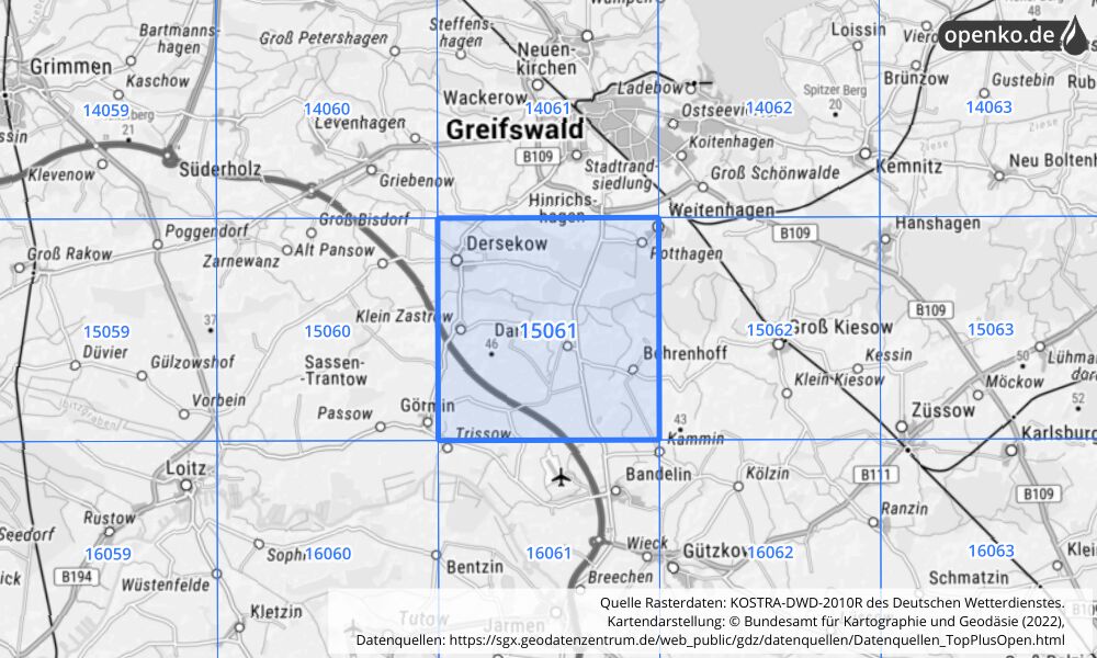 Übersichtskarte KOSTRA-DWD-2010R Rasterfeld Nr. 15061 mit angrenzenden Feldern