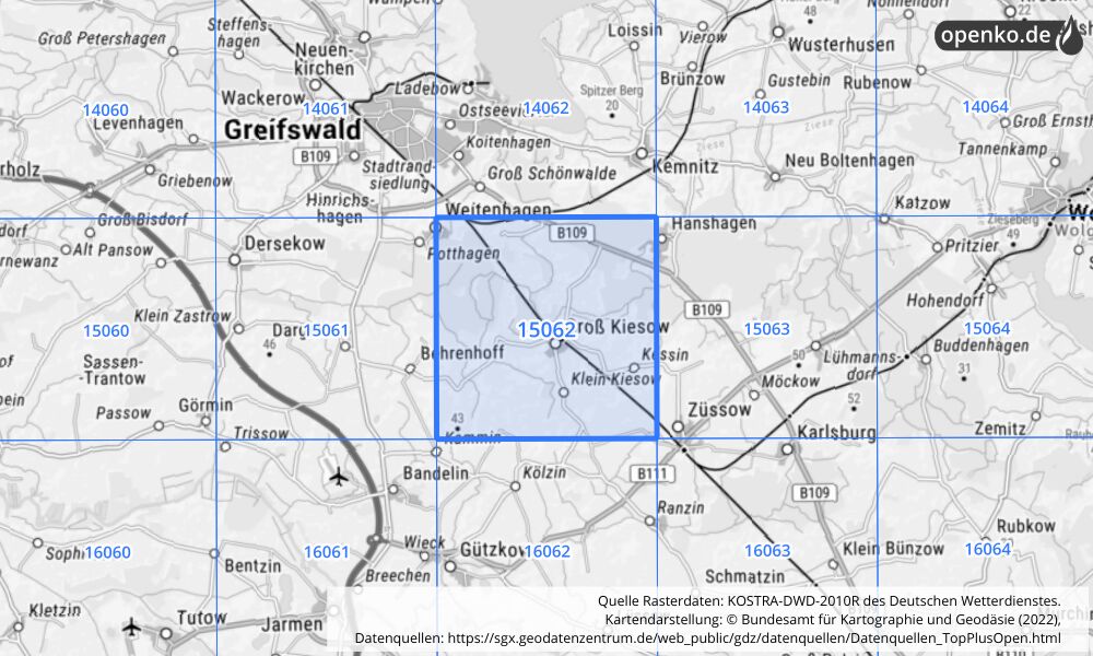 Übersichtskarte KOSTRA-DWD-2010R Rasterfeld Nr. 15062 mit angrenzenden Feldern