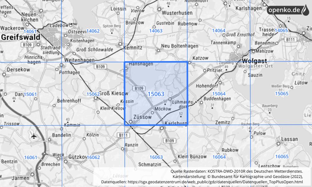 Übersichtskarte KOSTRA-DWD-2010R Rasterfeld Nr. 15063 mit angrenzenden Feldern