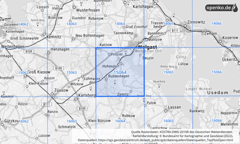 Übersichtskarte KOSTRA-DWD-2010R Rasterfeld Nr. 15064 mit angrenzenden Feldern