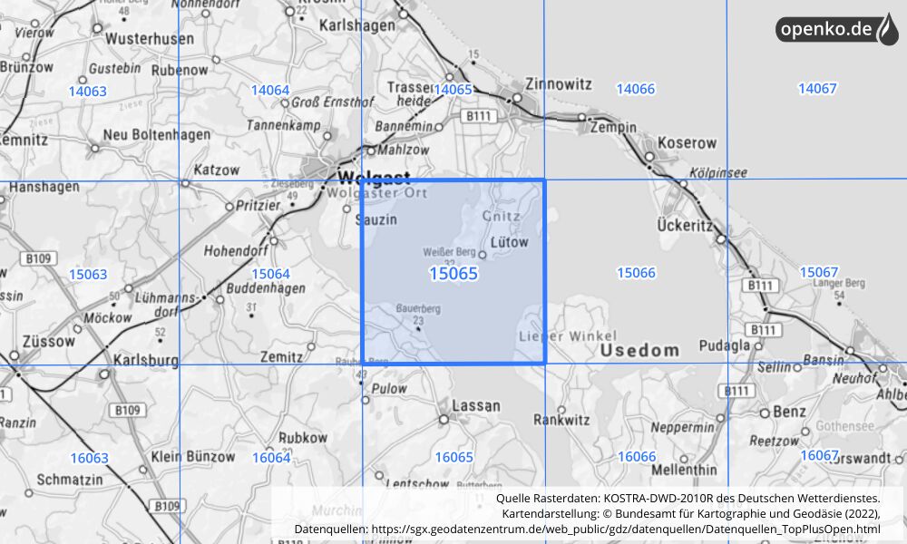 Übersichtskarte KOSTRA-DWD-2010R Rasterfeld Nr. 15065 mit angrenzenden Feldern