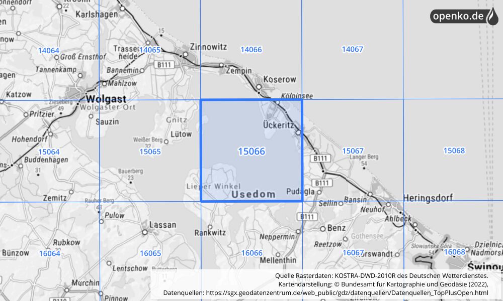 Übersichtskarte KOSTRA-DWD-2010R Rasterfeld Nr. 15066 mit angrenzenden Feldern