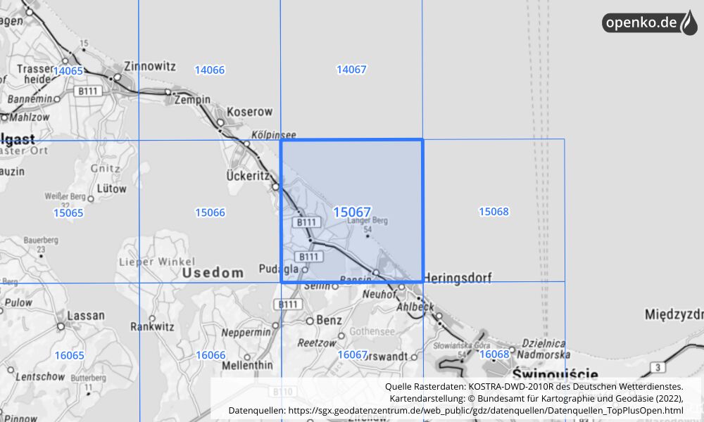 Übersichtskarte KOSTRA-DWD-2010R Rasterfeld Nr. 15067 mit angrenzenden Feldern