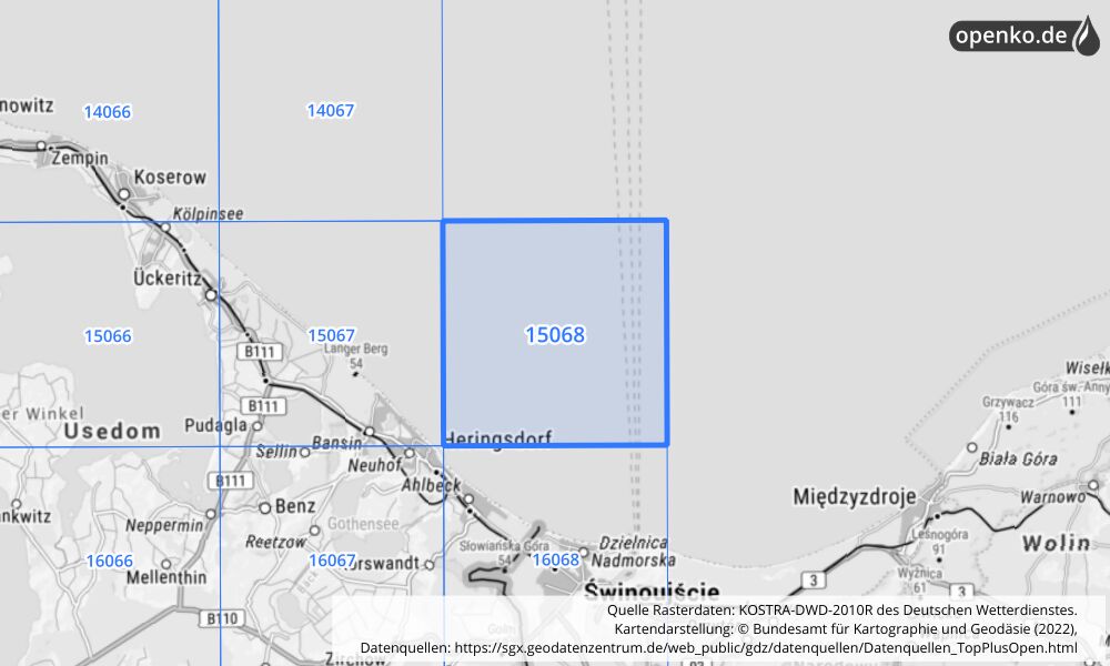 Übersichtskarte KOSTRA-DWD-2010R Rasterfeld Nr. 15068 mit angrenzenden Feldern