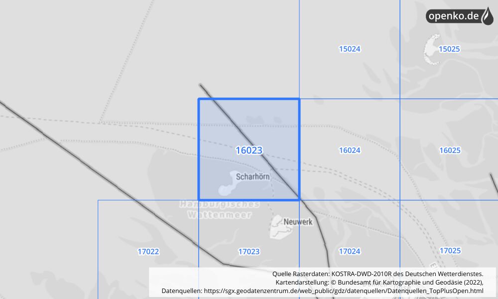 Übersichtskarte KOSTRA-DWD-2010R Rasterfeld Nr. 16023 mit angrenzenden Feldern