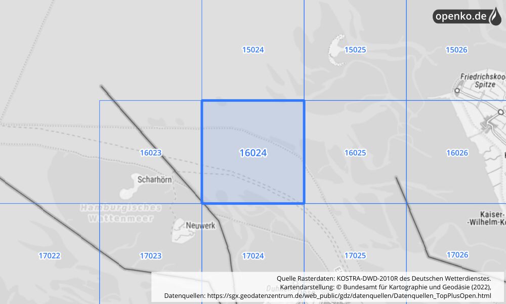 Übersichtskarte KOSTRA-DWD-2010R Rasterfeld Nr. 16024 mit angrenzenden Feldern