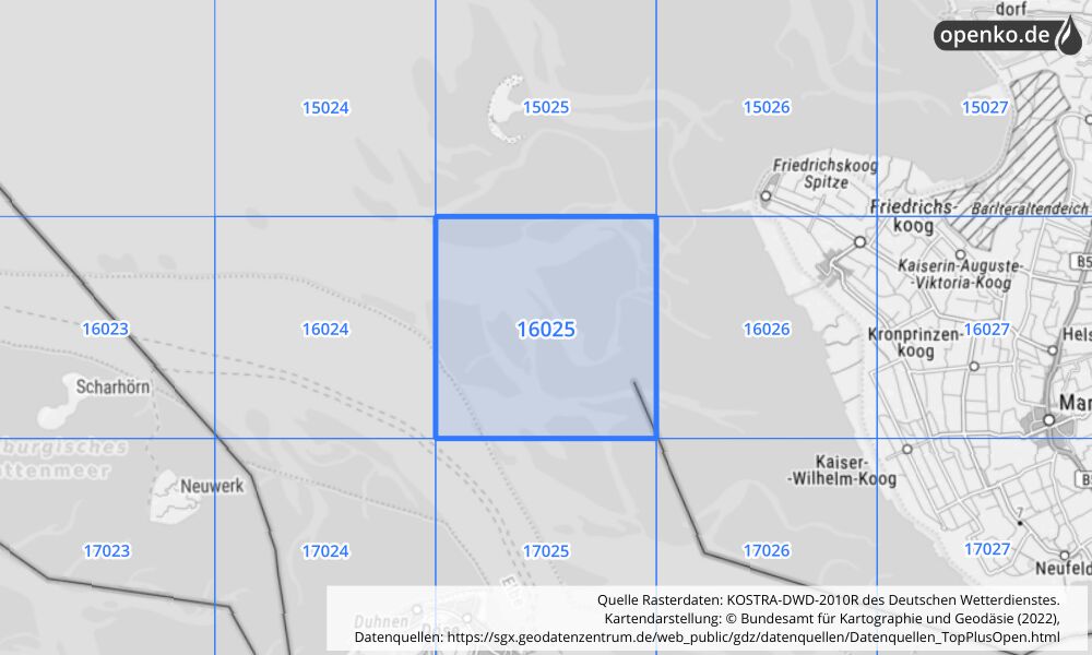 Übersichtskarte KOSTRA-DWD-2010R Rasterfeld Nr. 16025 mit angrenzenden Feldern