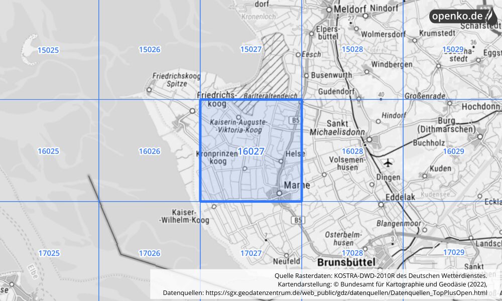 Übersichtskarte KOSTRA-DWD-2010R Rasterfeld Nr. 16027 mit angrenzenden Feldern