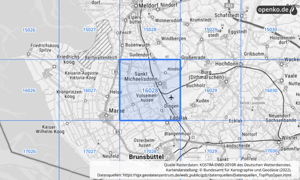 Übersichtskarte KOSTRA-DWD-2010R Rasterfeld Nr. 16028 mit angrenzenden Feldern