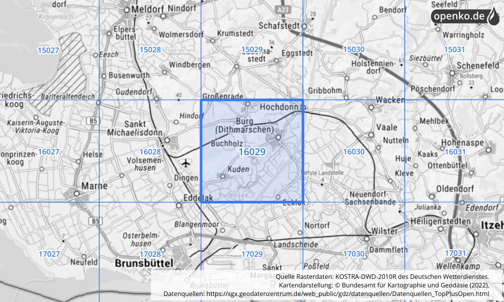 Übersichtskarte KOSTRA-DWD-2010R Rasterfeld Nr. 16029 mit angrenzenden Feldern