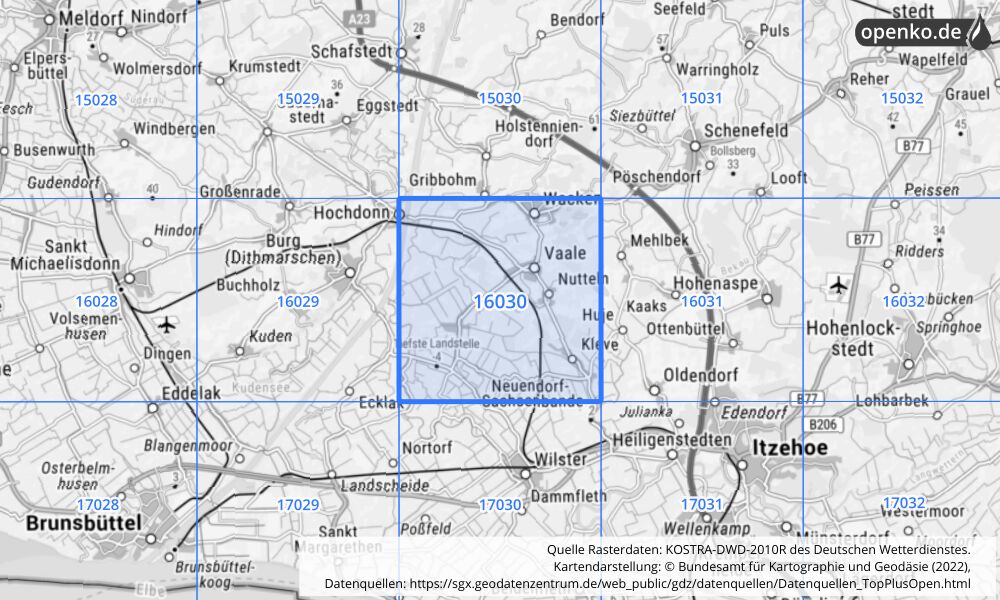 Übersichtskarte KOSTRA-DWD-2010R Rasterfeld Nr. 16030 mit angrenzenden Feldern