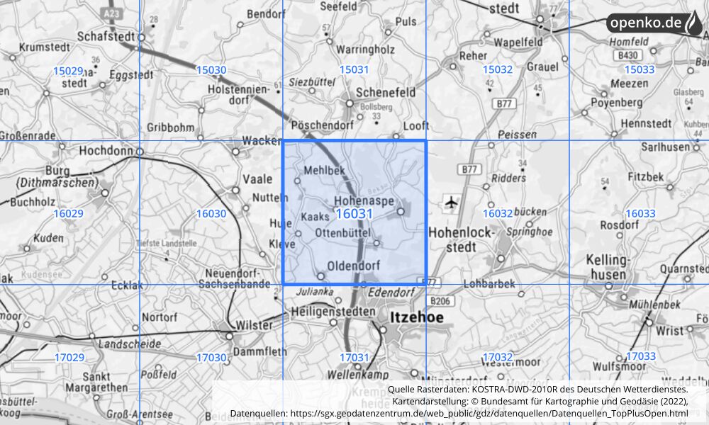 Übersichtskarte KOSTRA-DWD-2010R Rasterfeld Nr. 16031 mit angrenzenden Feldern