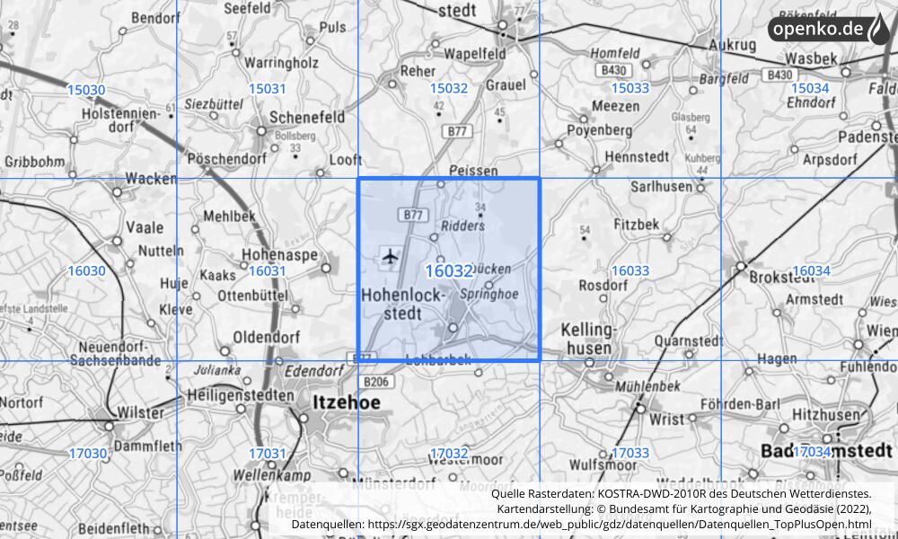 Übersichtskarte KOSTRA-DWD-2010R Rasterfeld Nr. 16032 mit angrenzenden Feldern